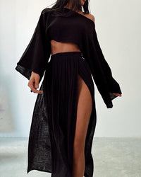 Damen Set mit Crop-Top und Maxirock mit Seitenschlitz – Schwarz
