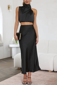 Damen Set mit Neckholder-Top und Midirock – Schwarz