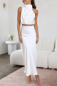Damen Set mit Neckholder-Top und Midirock – Weiß
