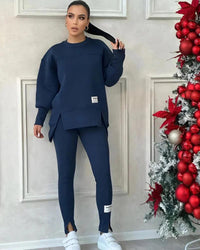 Damen Set mit Rundhals-Pullover und Leggings mit Kängurutasche – Dunkelblau