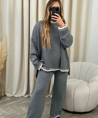 Damen-Set mit Rundhalsausschnitt-Pullover und langer Hose – Grau