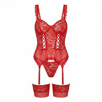 Sophie | Damen Spitzen-Korsett Dessous-Set mit Strumpfgürtel – Rot