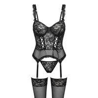 Sophie | Damen Spitzen-Korsett Dessous-Set mit Strumpfgürtel – Schwarz