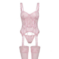 Sophie | Damen Spitzen-Korsett Dessous-Set mit Strumpfgürtel – Rosa