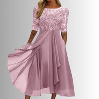 Charlotte | Damen Spitzen Midi Abendkleid Chiffon Formelles Kleid mit Halbarm – Rosa