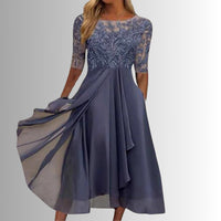 Charlotte | Damen Spitzen Midi Abendkleid Chiffon Formelles Kleid mit Halbarm – Lila