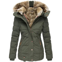 Damen Steppjacke mit Kunstfell-Kapuze und Reißverschluss – Grün