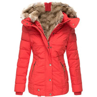 Damen Steppjacke mit Kunstfell-Kapuze und Reißverschluss – Rot