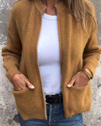 Clara | Damen Strick-Cardigan mit Reißverschluss lockere Passform Fronttaschen – Braun