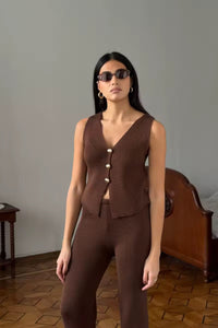 Damen Strick Set mit Ärmelloser Weste und Weitem Hosenbein – Braun