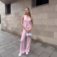 Damen Strick Set mit Ärmelloser Weste und Weitem Hosenbein – Hellrosa
