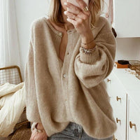 Damen Strickjacke mit Knopfleiste V-Ausschnitt und Langen Ärmeln – Khaki