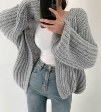Damen Strickjacke mit offener Front langen Ärmeln und Grobstrickoberfläche – Grau