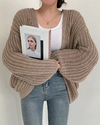 Damen Strickjacke mit offener Front langen Ärmeln und Grobstrickoberfläche – Khaki