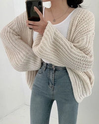 Damen Strickjacke mit offener Front langen Ärmeln und Grobstrickoberfläche – Weiß