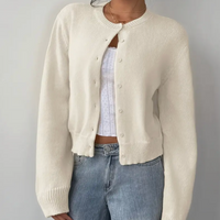 Damen Strickjacke mit Rundausschnitt Durchgehender Knopfleiste Langen Ärmeln mit Rippbündchen auf Taillenlänge – Weiß