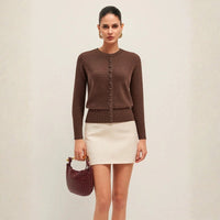 Damen Strickjacke mit Rundhalsausschnitt Knopfleiste und langen Ärmeln – Braun