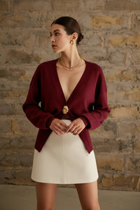 Damen Strickjacke mit V-Ausschnitt Knopfverschluss und langen Ärmeln – Bordeaux