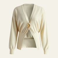 Damen Strickjacke mit V-Ausschnitt Knopfverschluss und langen Ärmeln – Cremefarben