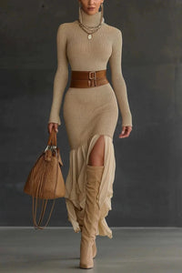 Damen Strickkleid mit Rollkragen Langen Ärmeln Gerippter Oberfläche und Volantsaum – Beige