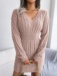 Frieda | Damen Strickkleid V-Ausschnitt Langarm figurbetontes Formal Dress – Rosa