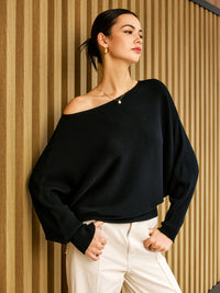 Damen Strickpullover mit asymmetrischem Schulterausschnitt und Fledermausärmeln – Schwarz