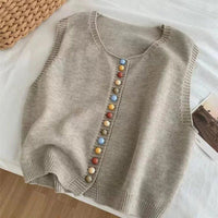 Amelie | Damen Strickweste Ärmelloser Pullover Weste Bunte Knöpfe – Aprikose