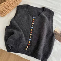 Amelie | Damen Strickweste Ärmelloser Pullover Weste Bunte Knöpfe – Grau