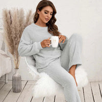 Damen Strukturiertes Langarm Oberteil und Hose Set mit Rundhalsausschnitt – Grau