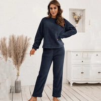Damen Strukturiertes Langarm Oberteil und Hose Set mit Rundhalsausschnitt – Dunkelblau