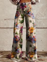 Damen stylische Jeanshose mit weitem Bein | Baggy – Blumen