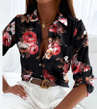 Damen stylische Langarmbluse | Bedrucken – Schwarz-rosa Blumen