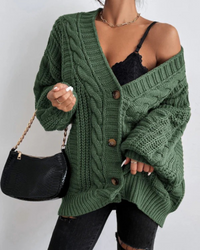 Damen stylischer Zopfstrick-Cardigan | Lang – Grün