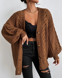 Damen stylischer Zopfstrick-Cardigan | Lang – Braun