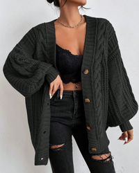Damen stylischer Zopfstrick-Cardigan | Lang – Schwarz