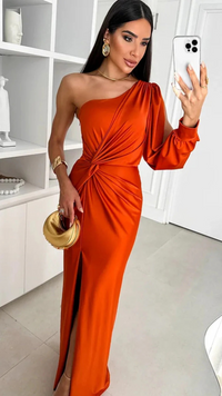 Damen stylisches One-Shoulder-Kleid für Hochzeitsgäste | Maxi – Orange