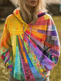 Luisa | Damen Sweater Bunter Patchwork Kapuzenpullover Boho Sonnenmuster – Mehrfarbig