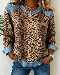 Charlotte | Damen Sweater Leopardenmuster Denim Patchwork Langarm Rundhals Sweatshirt – Braun