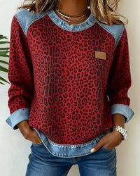 Charlotte | Damen Sweater Leopardenmuster Denim Patchwork Langarm Rundhals Sweatshirt – Rot
