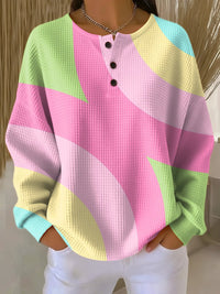 Annika | Damen Sweater Women Waffelstrick Henley Pullover Geometrisches Farbblock Muster – Rosa