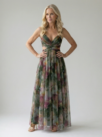 Damen Trägerkleid Maxi Kleid mit Kreuzausschnitt und Aquarelldruck – Grün