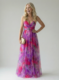 Damen Trägerkleid Maxi Kleid mit Kreuzausschnitt und Aquarelldruck – Magenta