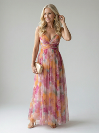 Damen Trägerkleid Maxi Kleid mit Kreuzausschnitt und Aquarelldruck – Rosa