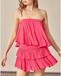 Damen Trägerloser Kurzer Jumpsuit mit Rüschenlagen und elastischem Bund – Rosa