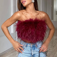 Damen trägerloses Bandeau Top mit Federbesatz und kurzer Länge – Dunkelrot