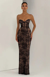 Damen Trägerloses Maxi Kleid mit Herzausschnitt floraler Musterauflage und Streifenpanelen – Schwarz