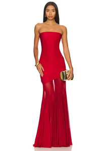 Damen Trägerloses Maxikleid mit asymmetrischem durchsichtigem Einsatz und ausgestelltem Saum – Rot