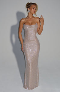 Damen Trägerloses Maxikleid mit Cowl Ausschnitt und Rhinestone Besatz – Beige