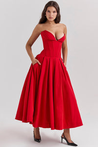 Damen Trägerloses Midi Kleid mit Herzausschnitt und ausgestelltem Glockenrock – Rot