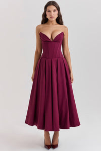 Damen Trägerloses Midi Kleid mit Herzausschnitt und ausgestelltem Glockenrock – Weinrot
